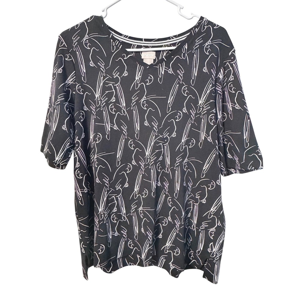 Chico's Parrot Print Top Womens 2 L Black Supima Cotton Tee